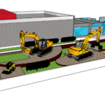Render isométrico de excavadoras de un centro de maquinaria
