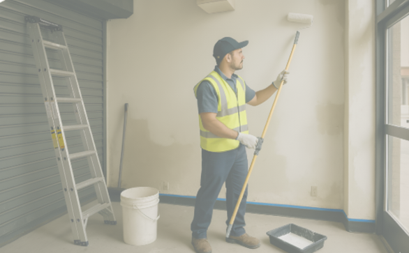 Técnico especialista pintando local comercial