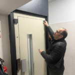Un técnico de Simfer, con chaqueta oscura y gafas, revisa el mecanismo superior de una puerta de ascensor moderna, mientras otra persona observa