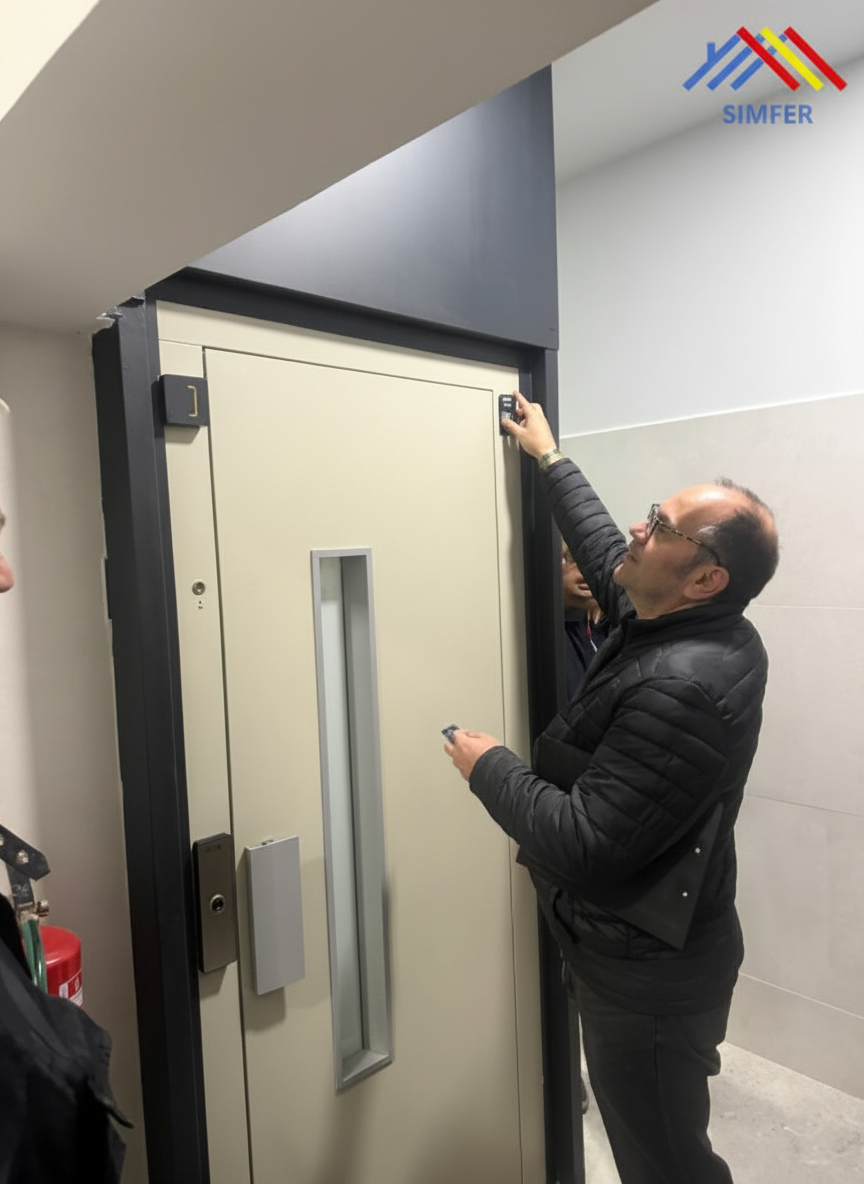 Un técnico de Simfer, con chaqueta oscura y gafas, revisa el mecanismo superior de una puerta de ascensor moderna, mientras otra persona observa