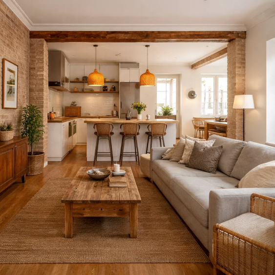 Salón y cocina integrados en una vivienda antigua reformada, con espacio abierto y abundante luz natural