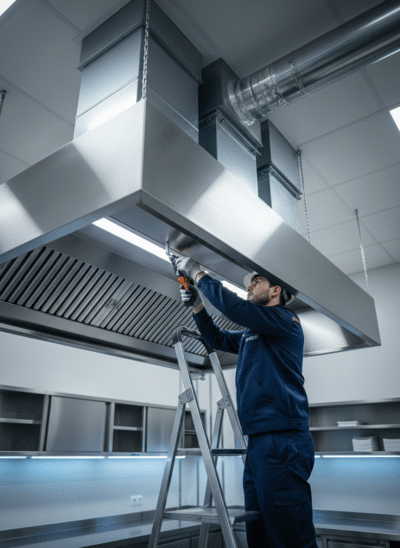 Técnico de Simfer realizando la instalación de una campana extractora de acero inoxidable en un entorno de cocina industrial de alta gama.