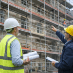 Arquitecto y técnico de obra supervisando la rehabilitación de un edificio con andamios mientras revisan planos durante trabajos de reforma de fachada