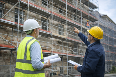 Arquitecto y técnico de obra supervisando la rehabilitación de un edificio con andamios mientras revisan planos durante trabajos de reforma de fachada